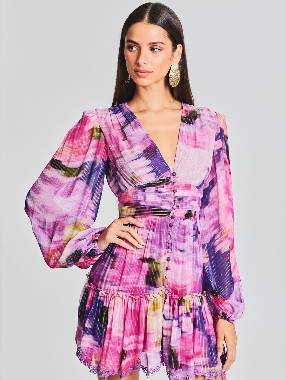Hemant and Nandita Floral Purple-Pink V-Neck Tiered Mini Dress - Anay - Picture 4 of 8
